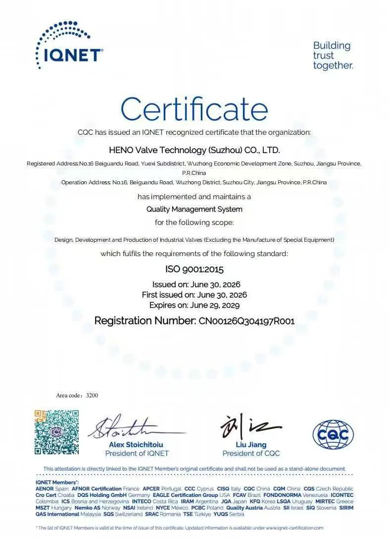 IQNET recognized ISO 9001:2015 certificate linked to HENO CQC certification