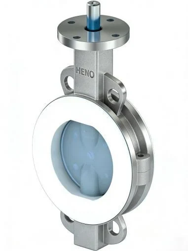 HENO PFA-lined butterfly valve showing the fluoropolymer-lined flow path